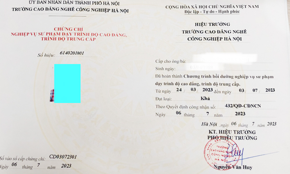 Mẫu chứng chỉ cho giáo viên dạy cao đẳng trung cấp